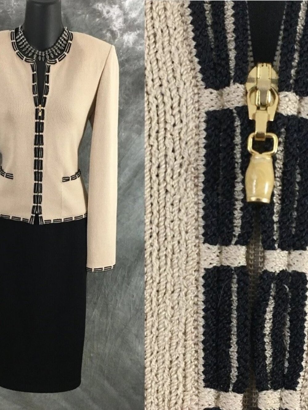 BEAUTIFUL St John collection knit beige black jacket skirt suit size 2